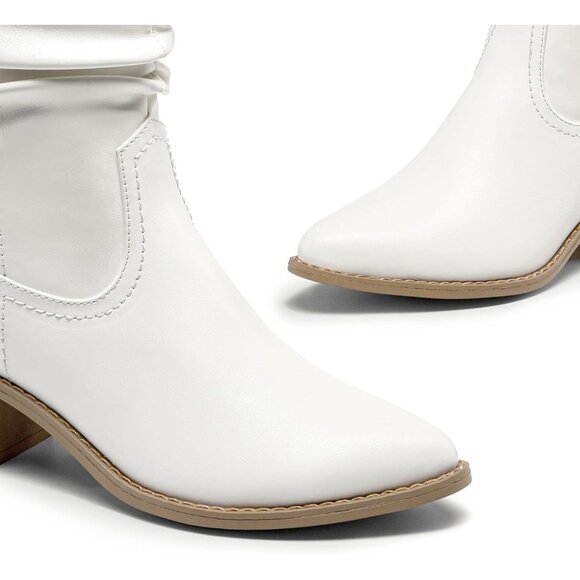 Women's White Cowgirl Boots Mid Calf Chunky Heel Slouchy & Pull-on Ankle Booties - Picture 3 of 8